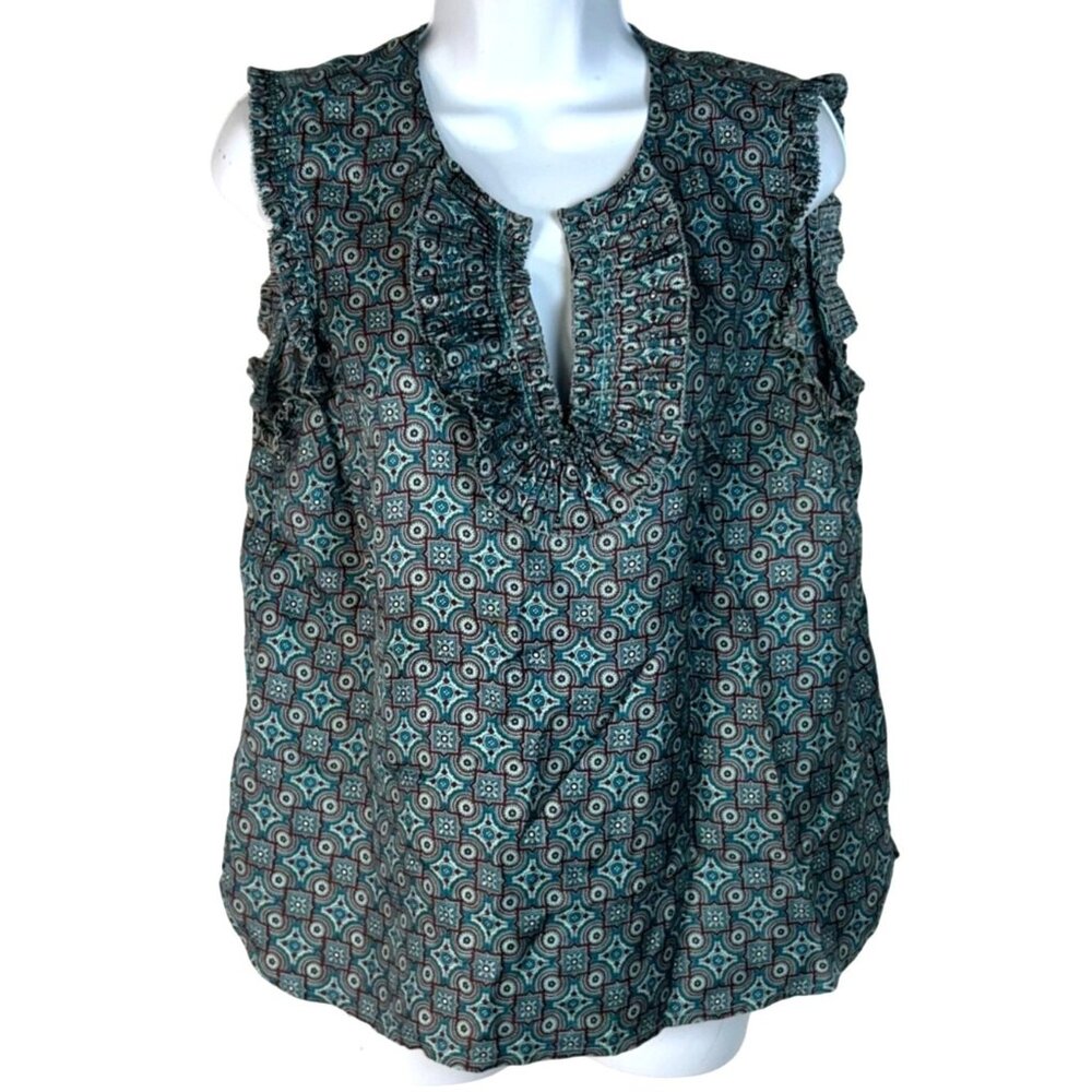 J. Crew Blue Medallion Print Ruffled Split Neck Sleeveless Silk Blouse Size 12